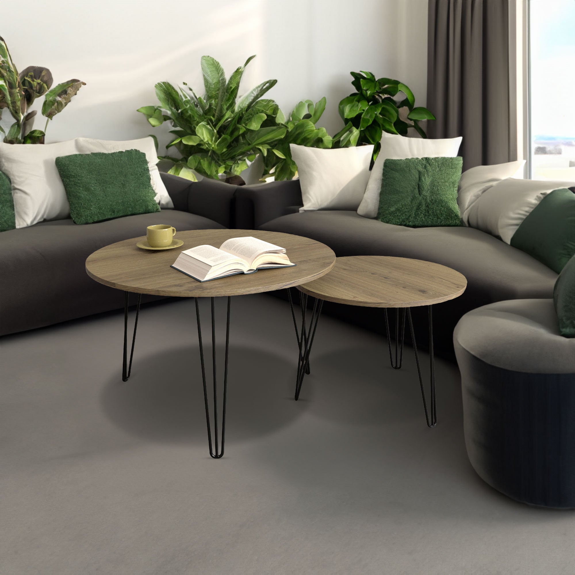 Set 2 Tavolini Rotondi Impilabili Marrone