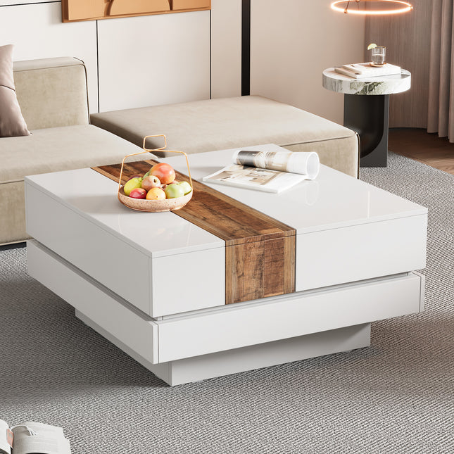 ON-TRANS 31.4 Inches x 31.4 Inches High Gloss Center Table with Sliding Top and Hidden Storage Room – White Default Title