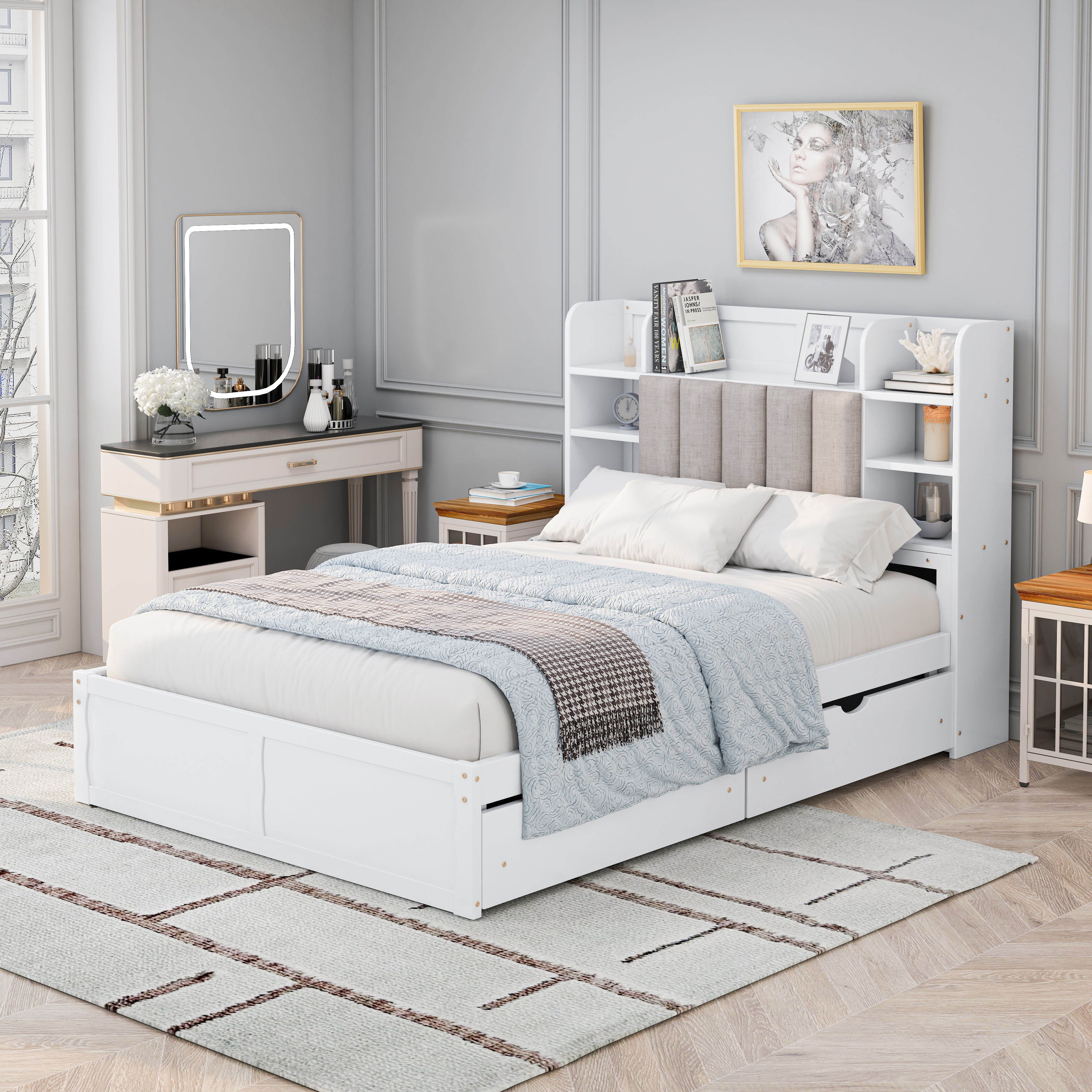 Letto Full Size Bianco con 4 Cassetti
