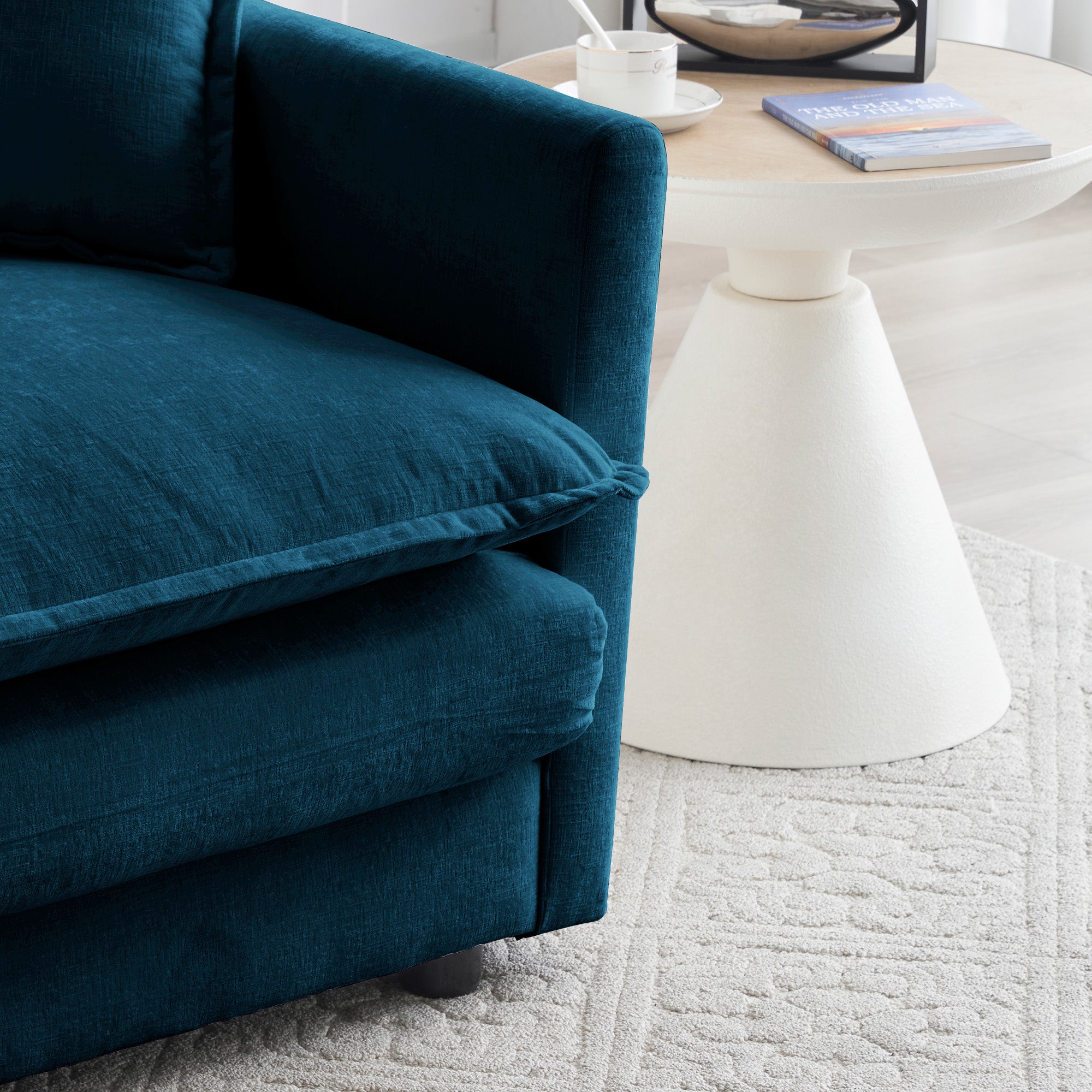 Poltrona Singola Blu in Ciniglia con Pouf per Lettura
