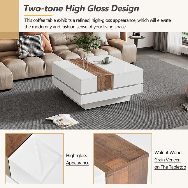 ON-TRANS 31.4 Inches x 31.4 Inches High Gloss Center Table with Sliding Top and Hidden Storage Room – White