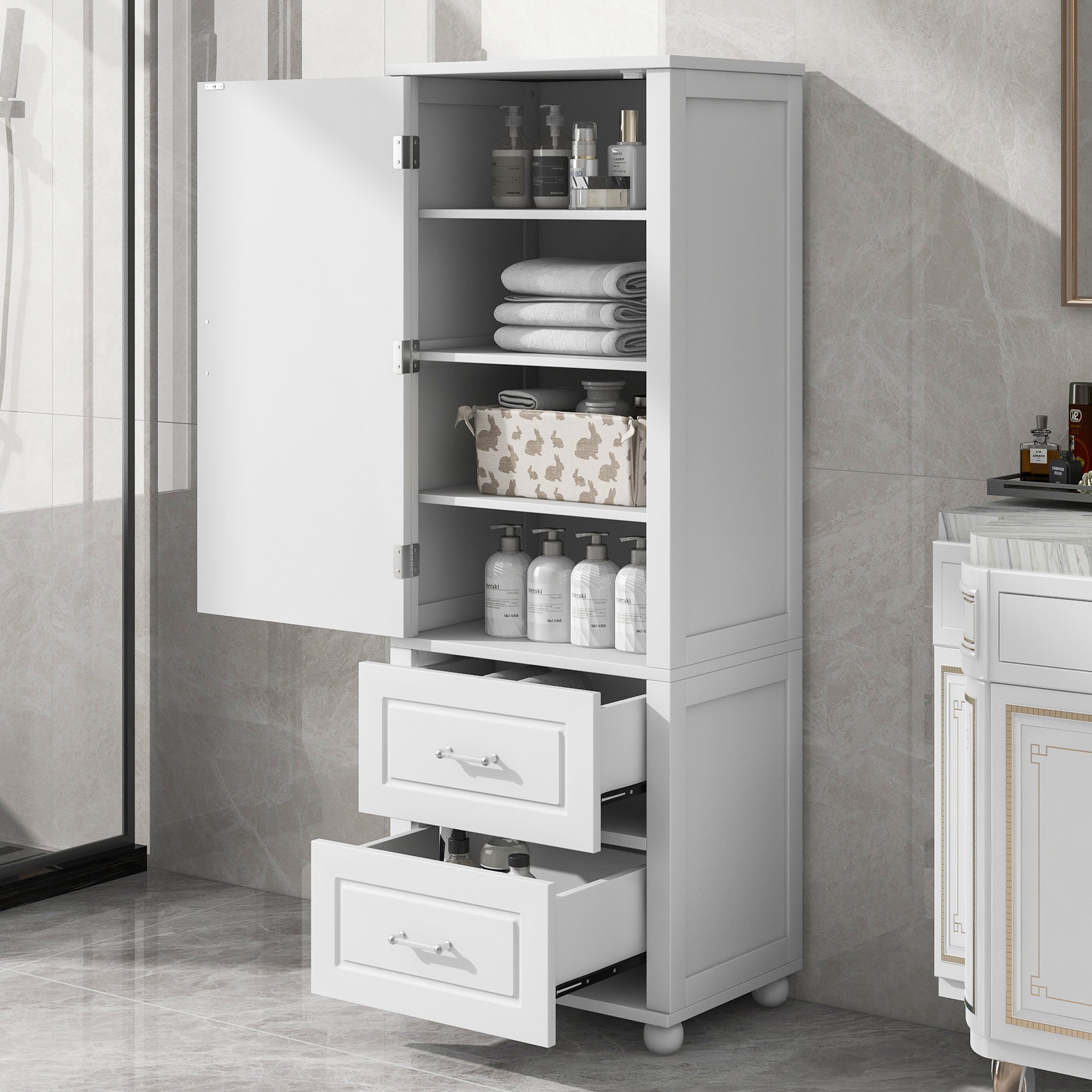 Armadietto Bagno Alto con Cassetti e Ripiano Regolabile