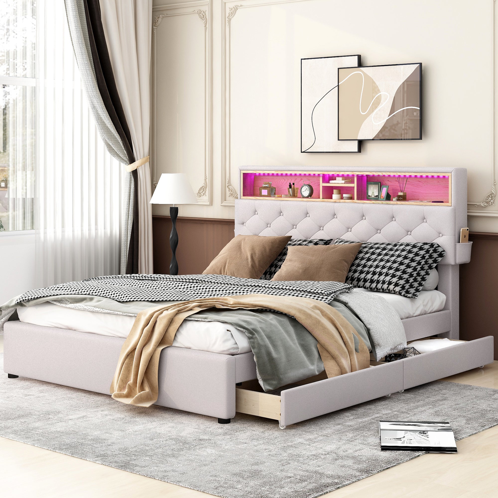 Letto Queen con LED e Ricarica USB Beige