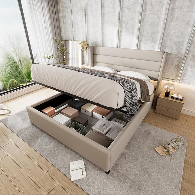 Purified Storage Bed, Upholstered Bed, Hydraulic Double Bed, 180 x 200 cm, Wooden Slatted Frame, Bed with Metal Frame, Linen (Beige, 180 x 200 cm) Beige