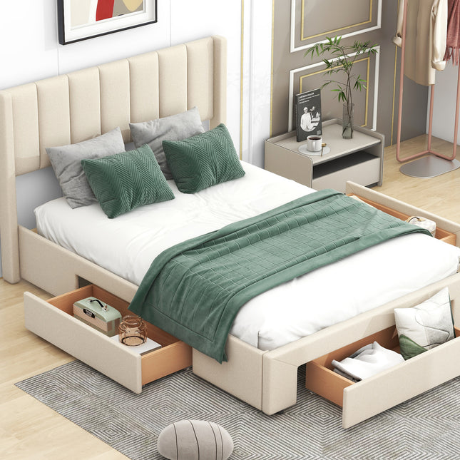 Full Size Upholstered Platform Bed with One Large Drawer in the Footboard and Drawers on Each Side, Beige
