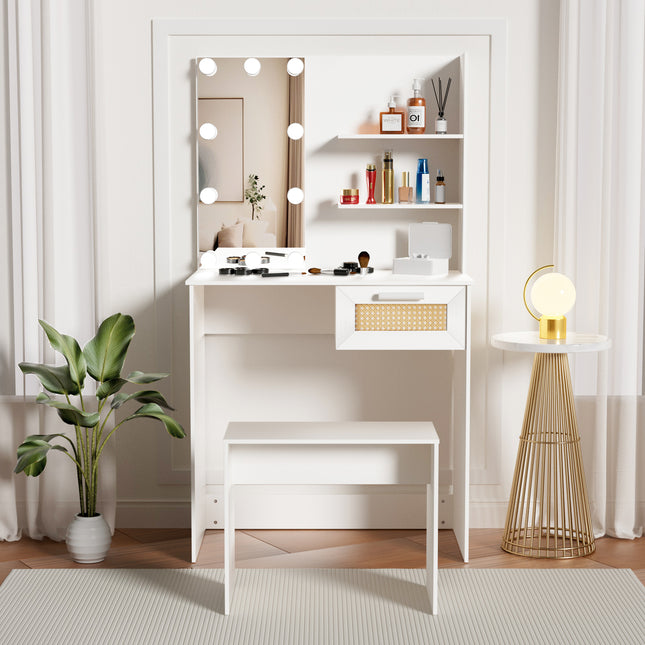 Vanity Desk Set Stool & Dressing Table with LED Lighting Mirror Drawer and Wood Cosmetic Table Chest of Drawers White Color