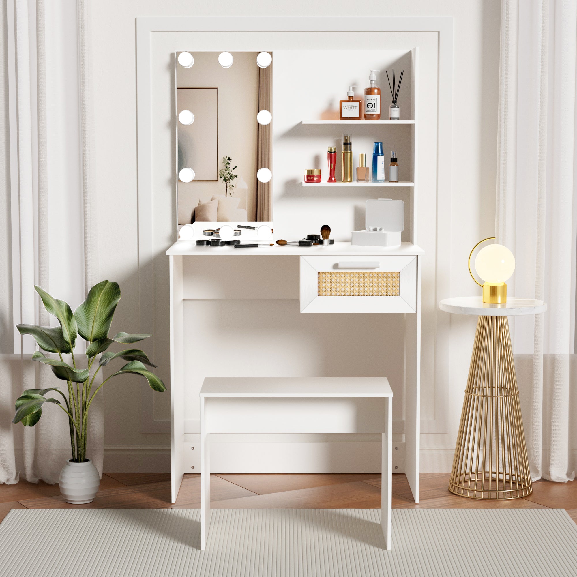 Toeletta Bianca con LED e Cassetti Legno