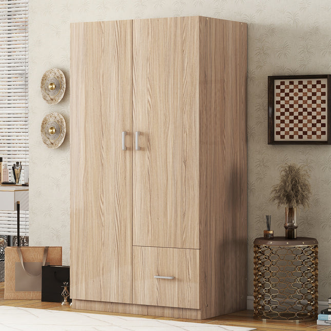 Wooden Wardrobe with Double Doors, Armoire with Hanging Rod, 5 Fixed Shelves, One Storage Drawer,Natural Default Title
