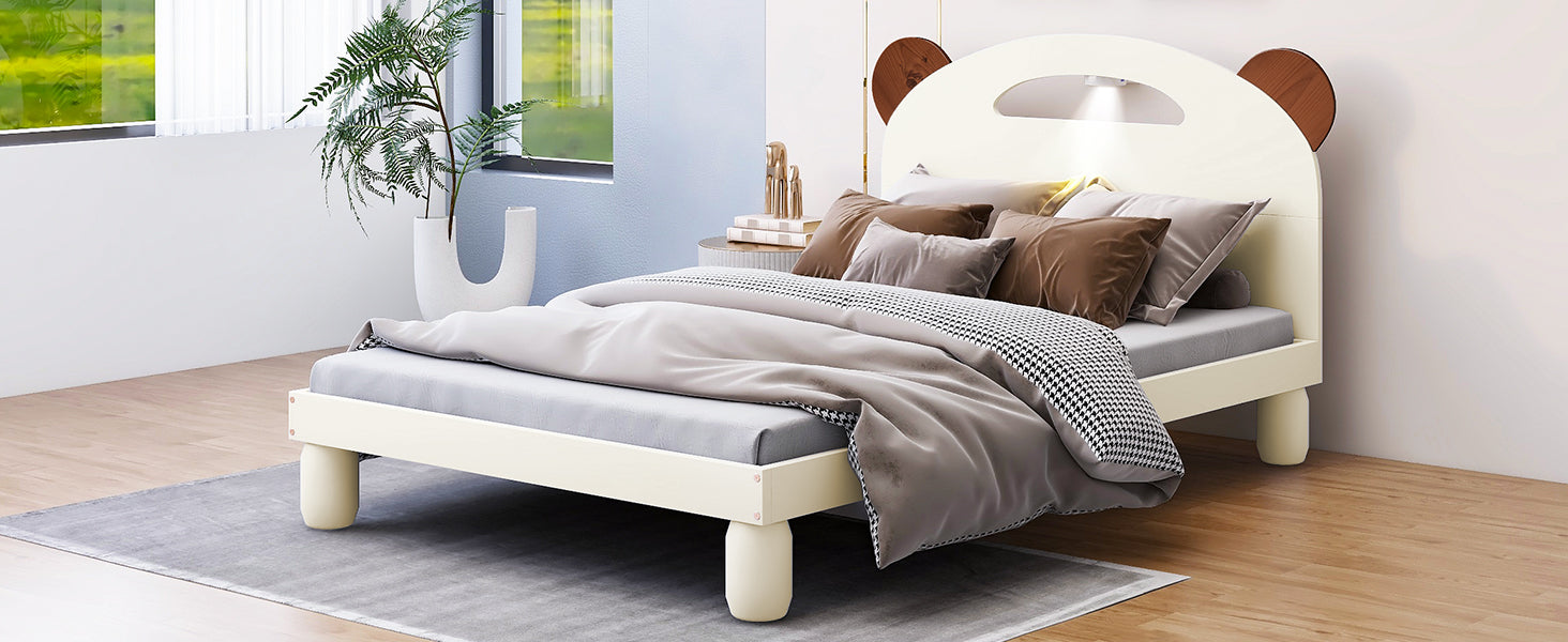 Letto Singolo in Legno con Testiera a Orecchie di Orso e LED - Bianco Crema