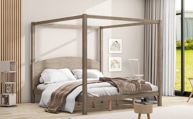 King Size Canopy Platform Bed with Headboard and Support Legs – Brown Wash Finish