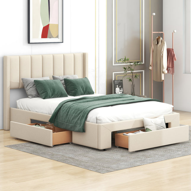 Full Size Upholstered Platform Bed with One Large Drawer in the Footboard and Drawers on Each Side, Beige