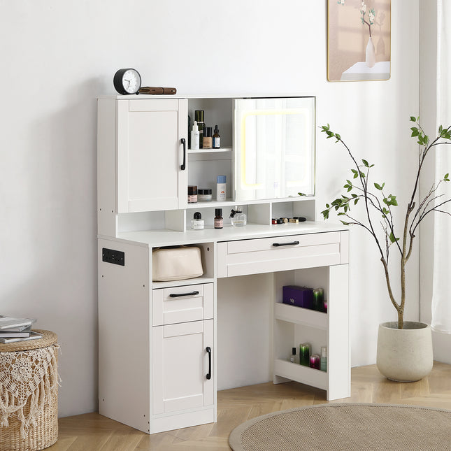 Vanity table with large sliding lighted mirror dressing table with 2 drawers storage shelves and upholstered stool white color