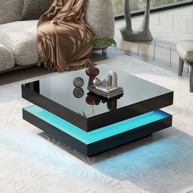 ON-TREND High Gloss Minimalist Design 2-Tier Square Coffee Table with LED Lights – Black