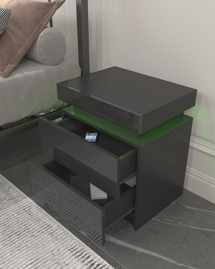 Modern Black LED Nightstand with Led Lights Bedside table with 2 High Gloss Drawers for Bedroom