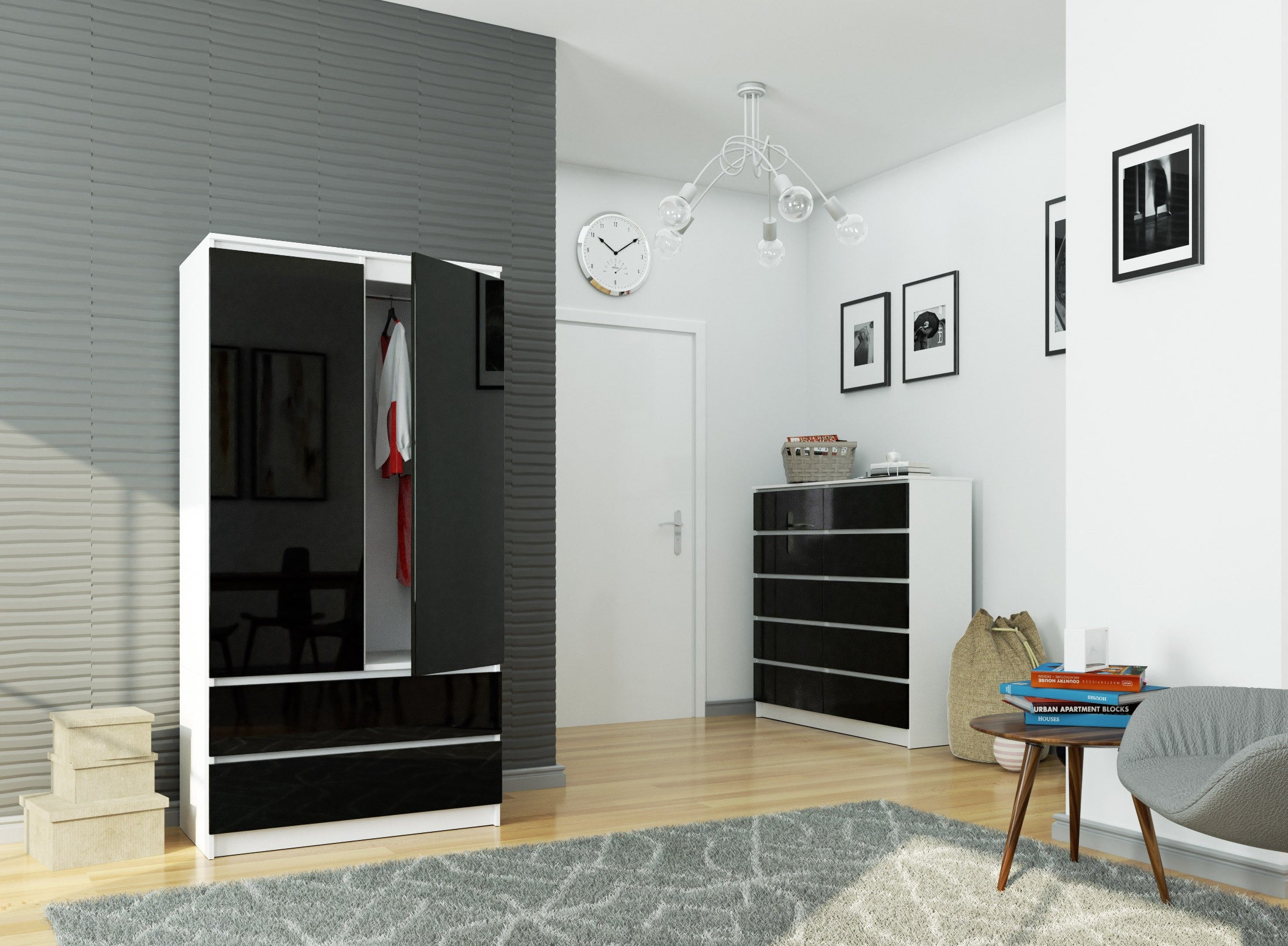 Armadio S 90 cm 2 Ante 2 Cassetti — Nero Lucido