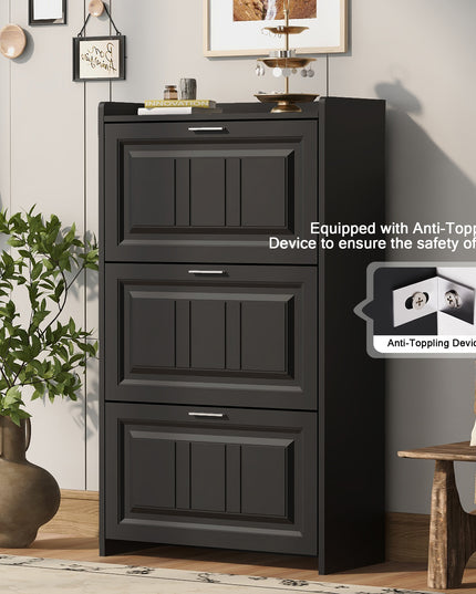 U-Can Shoe Storage Cabinet for Entryway with 3 Flip Drawers, Modern Shoe Organizer Cabinet, Free Standing Shoe Rack Black
