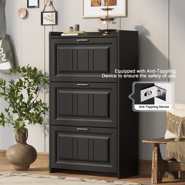 U-Can Shoe Storage Cabinet for Entryway with 3 Flip Drawers, Modern Shoe Organizer Cabinet, Free Standing Shoe Rack Black