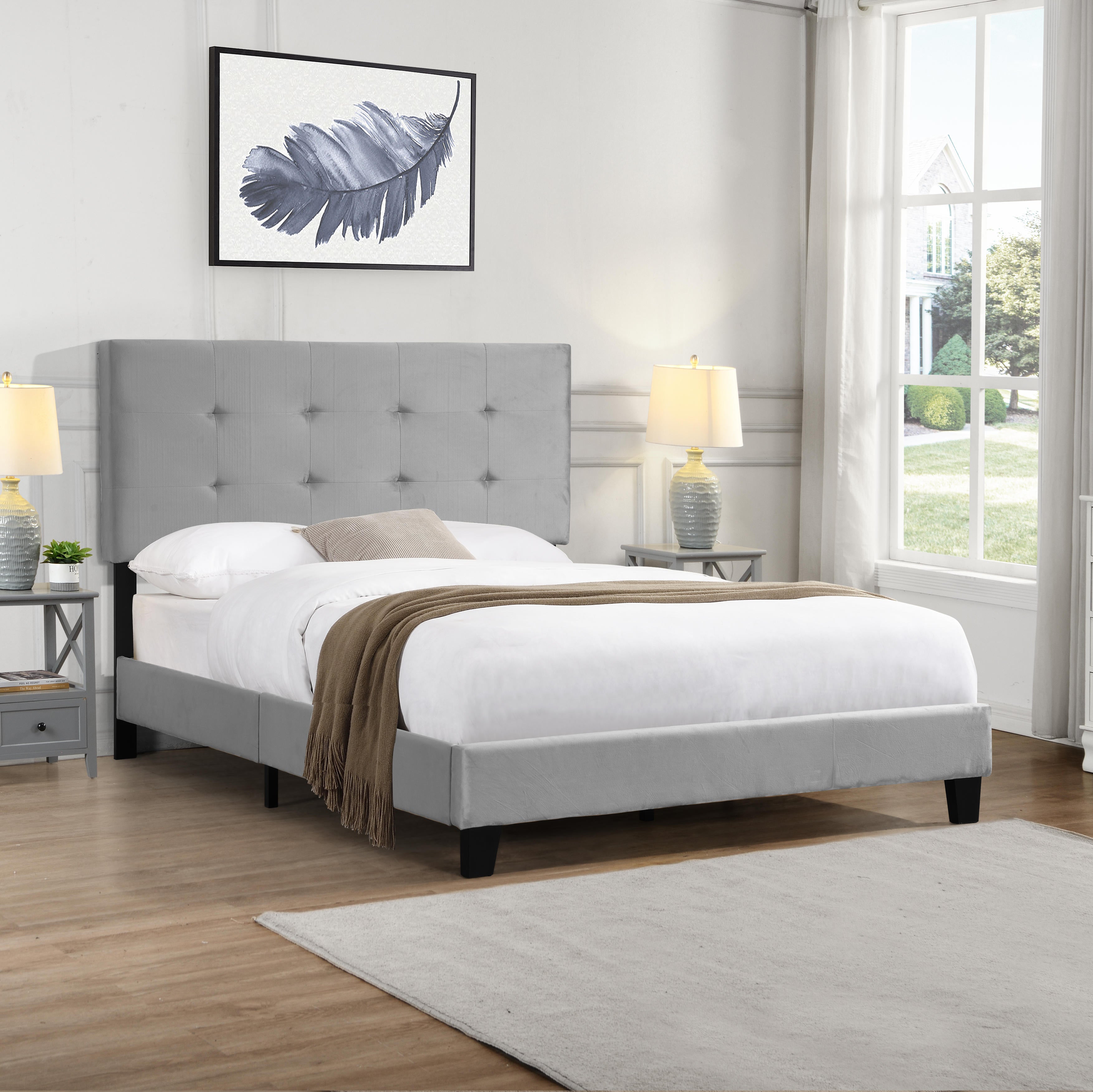 Letto Dimensione intera Imbottito Velluto Grigio