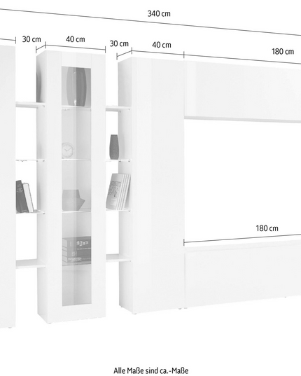 Soggiorno MARUSKA asimmetrico 340 x 30 x 180 cm (LxPxA) - Bianco laccato lucido