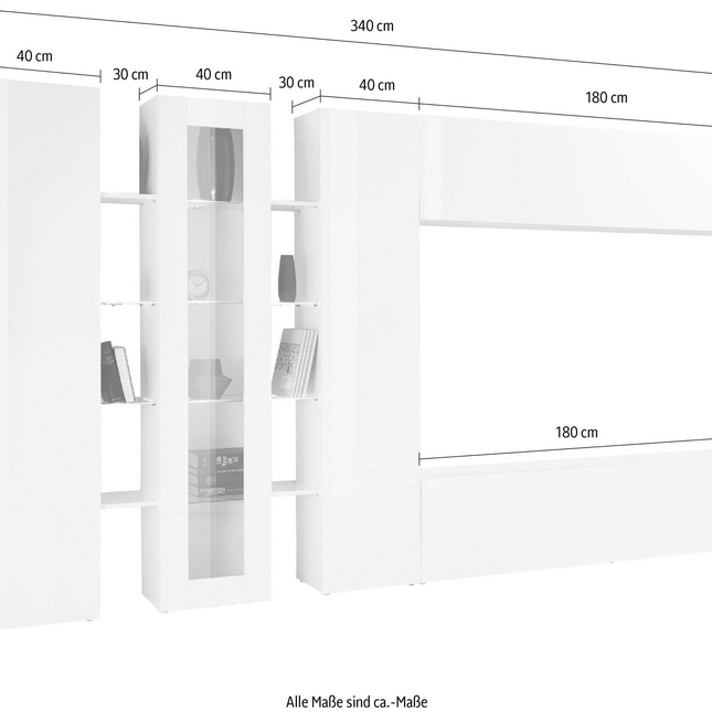 Soggiorno MARUSKA asimmetrico 340 x 30 x 180 cm (LxPxA) - Bianco laccato lucido