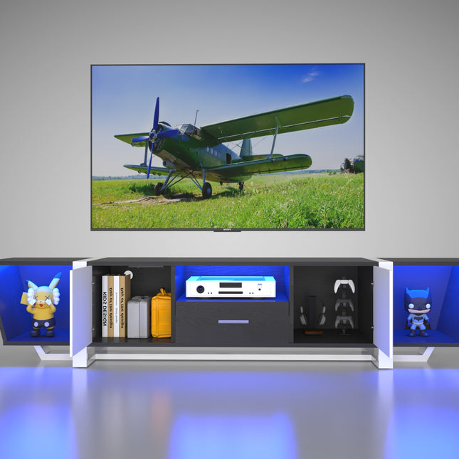 TV Console with Storage Cabinet – Dual Flat LED TV Stand with Remote Control and Multi-Mode Light, Black