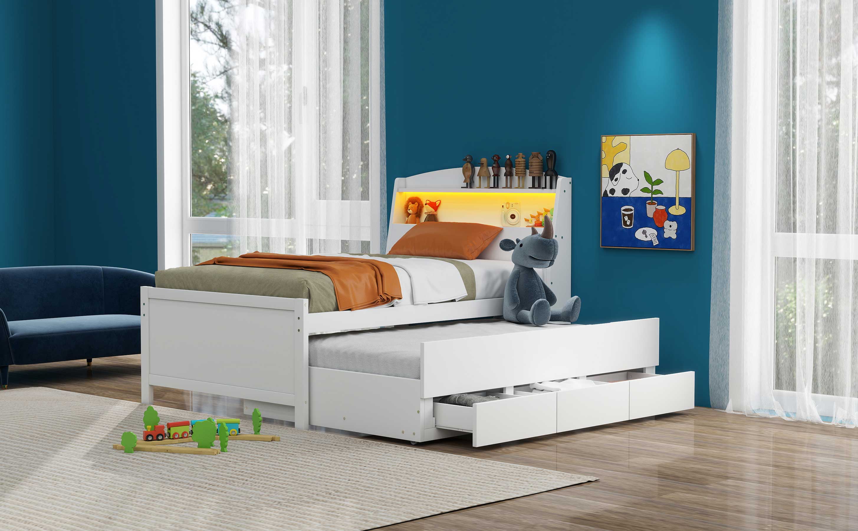 Letto Singolo Piattaforma LED Bianco 3 Cassetti