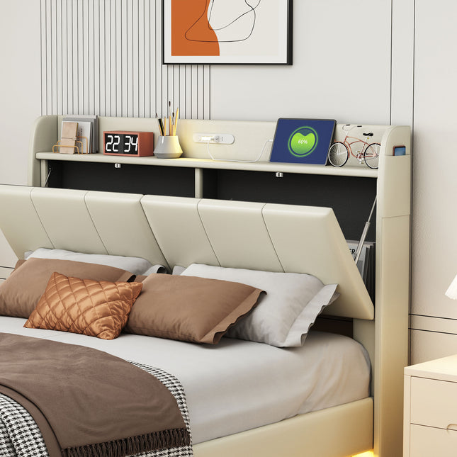 Large Floating Bed Frame with Storage Headboard – Touch Sensor Night Light and USB Charger, Padded Platform Bed, Beige