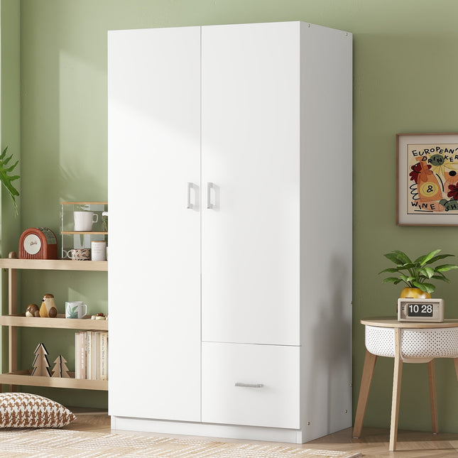 Wooden Wardrobe with Double Doors, Armoire with Hanging Rod, 5 Fixed Shelves, One Storage Drawer, White Default Title