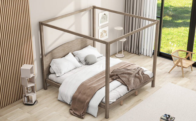 King Size Canopy Platform Bed with Headboard and Support Legs – Brown Wash Finish