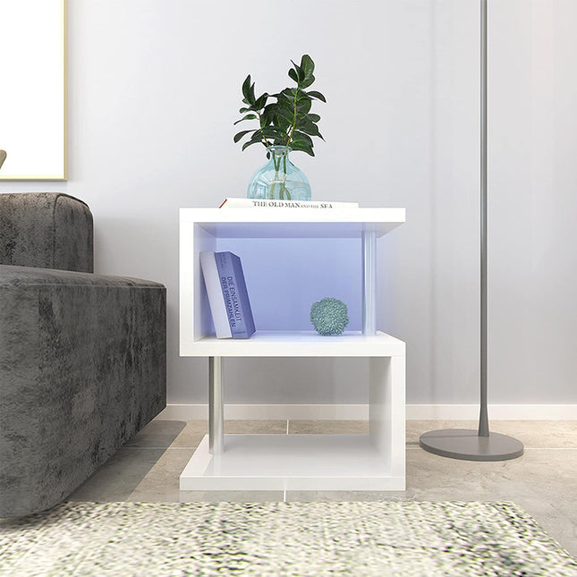 3-Layer S-Shaped Coffee Table – High Gloss Side Table with Open Storage Rack and USB Power Supply, White LED Coffee Table Default Title
