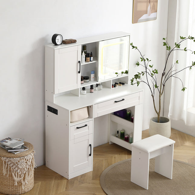 Vanity table with large sliding lighted mirror dressing table with 2 drawers storage shelves and upholstered stool white color