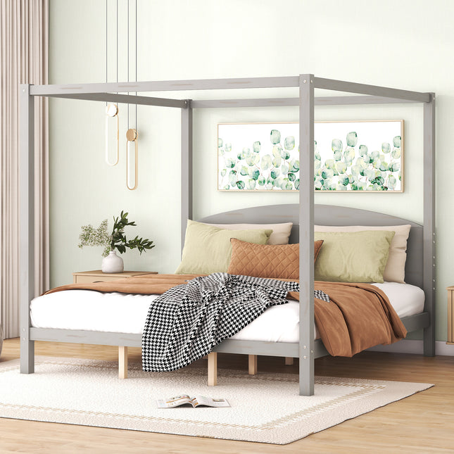 King Size Canopy Platform Bed with Headboard and Support Legs, Grey Wash Default Title