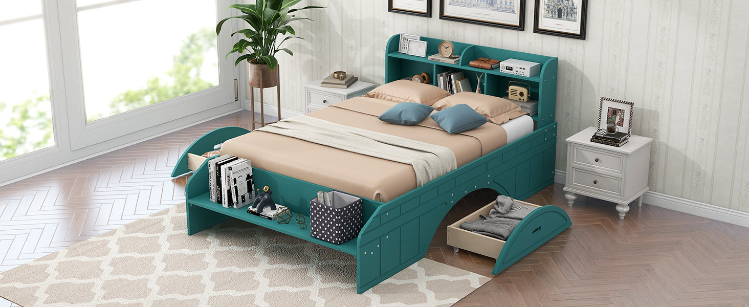 Letto Full Size in Legno con 2 Cassetti, Testiera e Pediera Contenitore - Verde Scuro