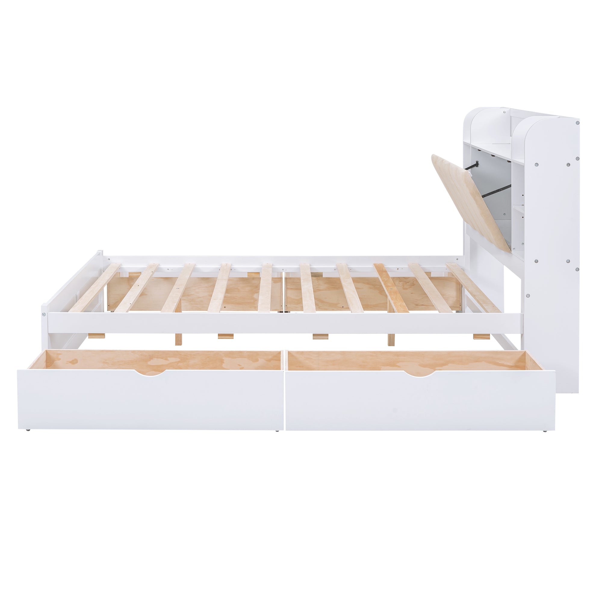 Letto Matrimoniale in Legno con Testiera Contenitore, Ripiani e 4 Cassetti - Bianco
