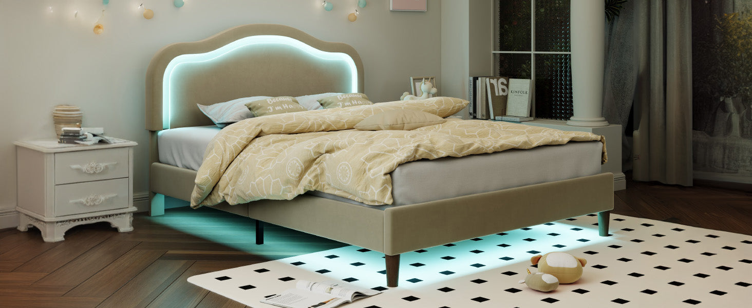Letto Full Size Velluto Beige con LED