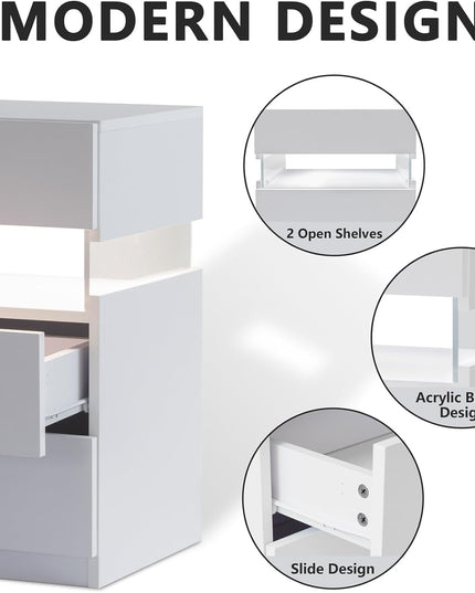 LED bedside table, bedroom, three drawers, dressing table, acrylic board, bedside furniture (white)