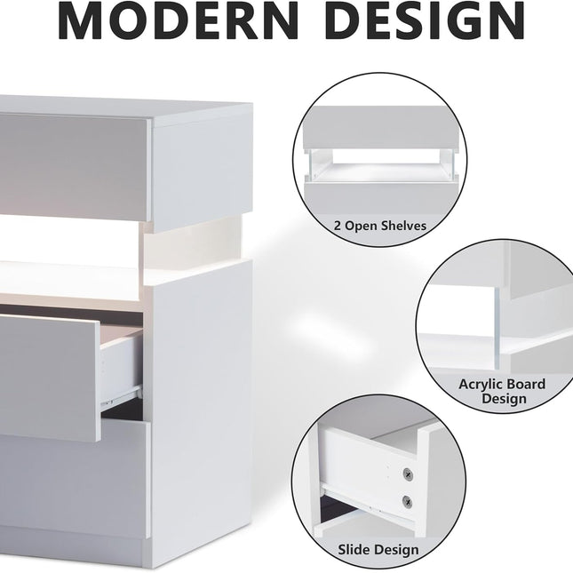 LED bedside table, bedroom, three drawers, dressing table, acrylic board, bedside furniture (white)