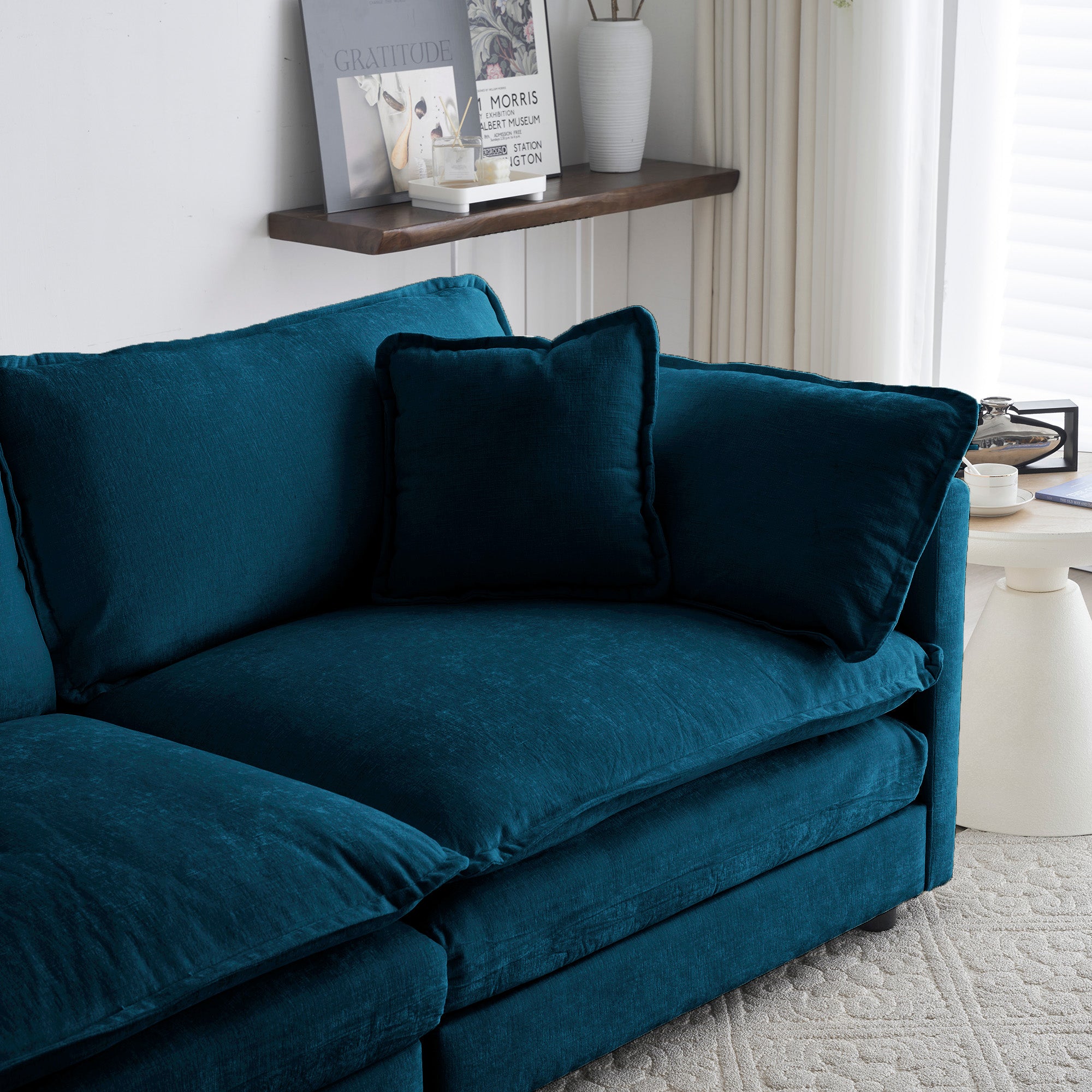 Divano 3 Posti Blu in Ciniglia Stile Mid-Century Moderno