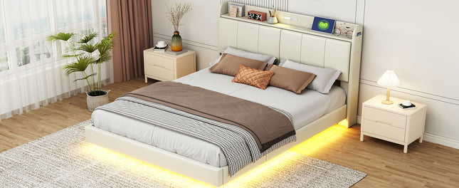 Large Floating Bed Frame with Storage Headboard – Touch Sensor Night Light and USB Charger, Padded Platform Bed, Beige