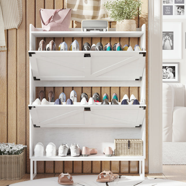 Freestanding Shoe Cabinet with 2 Flip Drawers – White Entryway Storage Organizer with Open Compartment
