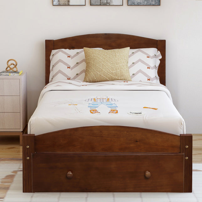Platform Twin Bed Frame with Storage Drawer and Wood Slat Support – No Box Spring Needed, Walnut
