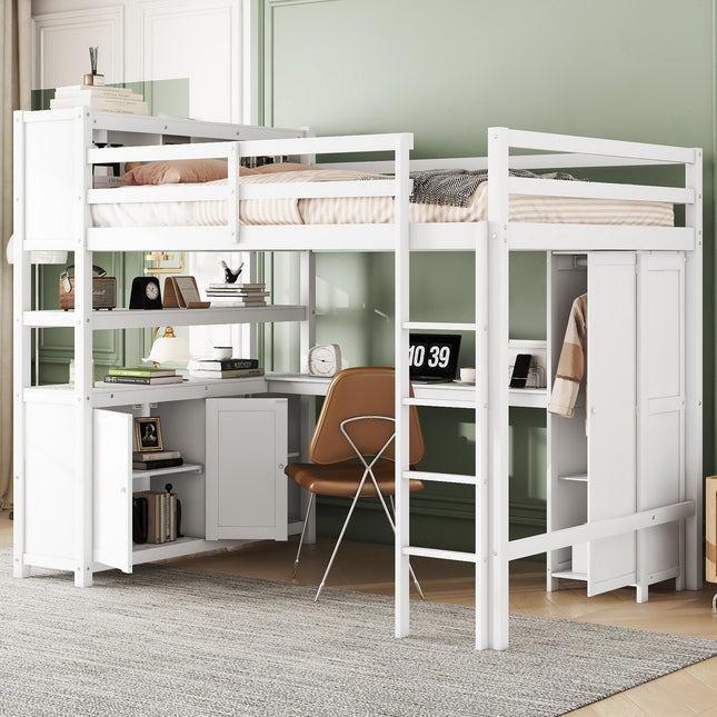 Wood Loft Bed with Cabinet and Bookshelf, Full Size Loft with Wardrobe and Desk for Kids,White Default Title