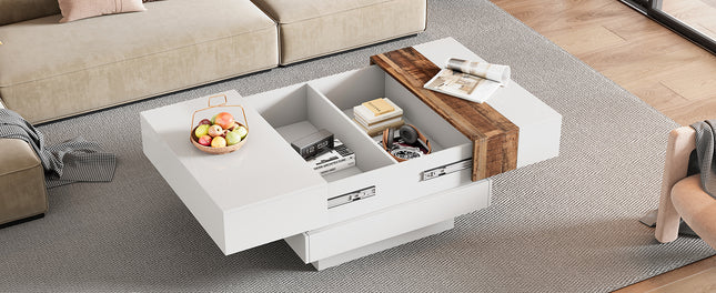 ON-TRANS 31.4 Inches x 31.4 Inches High Gloss Center Table with Sliding Top and Hidden Storage Room – White