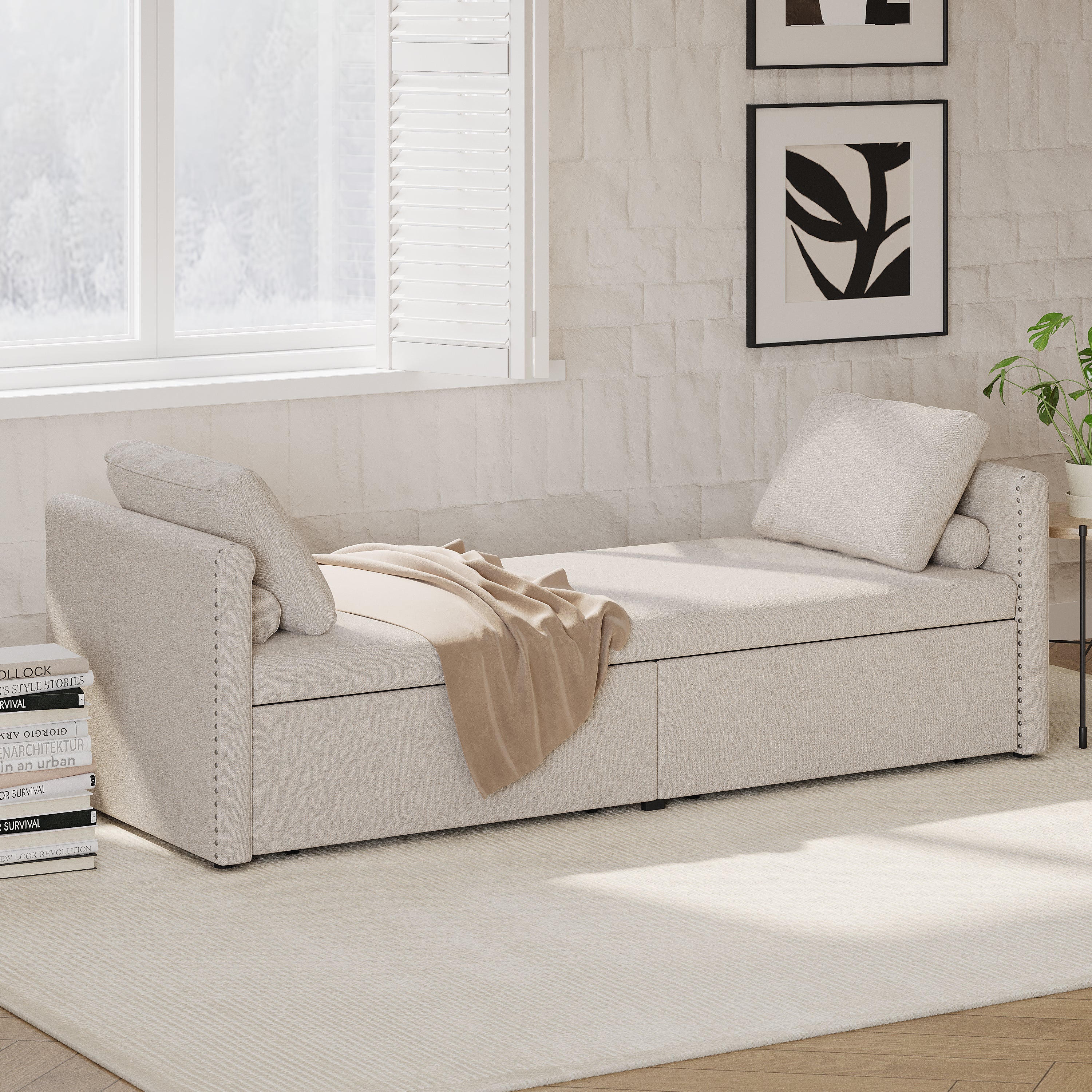 Poltrona Letto Imbottita 2 Cassetti Beige