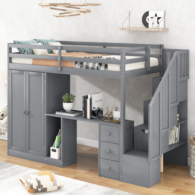 Twin Size Loft Bed with Wardrobe and Staircase Desk and Storage Drawers and Cabinet in 1 Gray Default Title