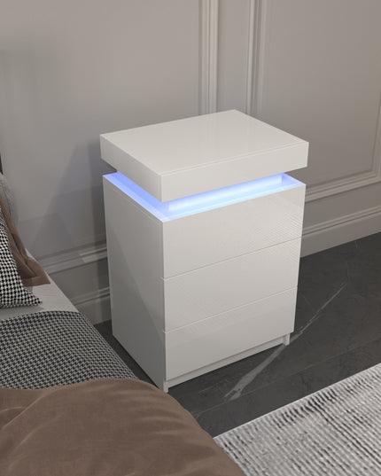 LED White Nightstand With 3 Drawers, Modern Multi-Colour LED Night Table Bedside Tables for Bedroom, Living Room