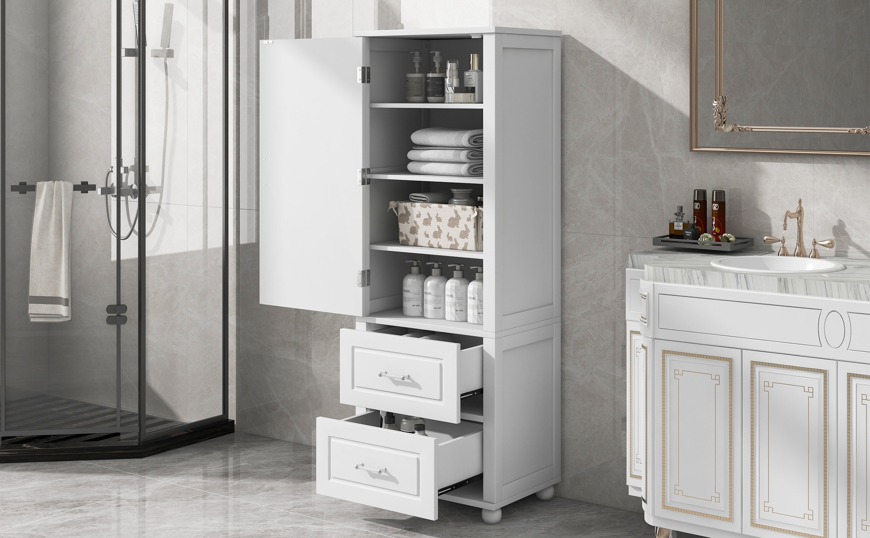 Armadietto Bagno Alto con Cassetti e Ripiano Regolabile