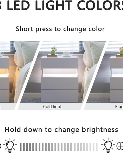 LED bedside table, bedroom, three drawers, dressing table, acrylic board, bedside furniture (white)