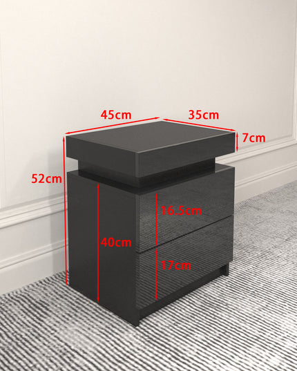 Modern Black LED Nightstand with Led Lights Bedside table with 2 High Gloss Drawers for Bedroom