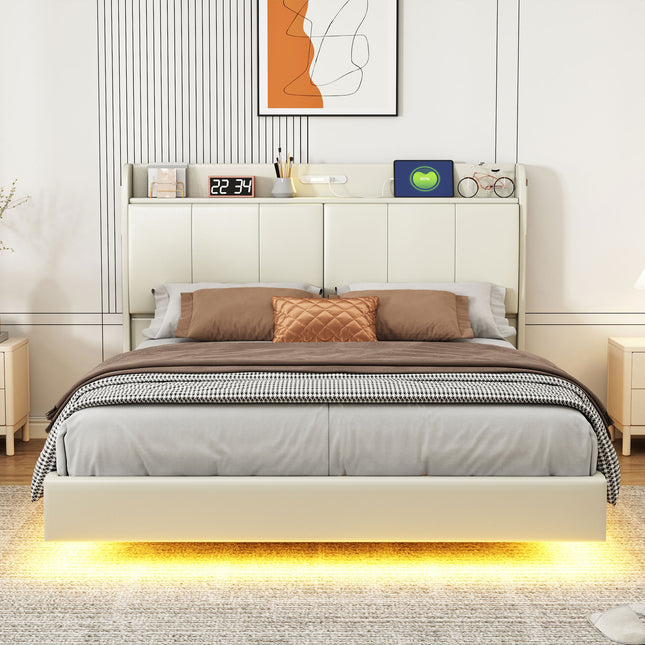 Large Floating Bed Frame with Storage Headboard – Touch Sensor Night Light and USB Charger, Padded Platform Bed, Beige